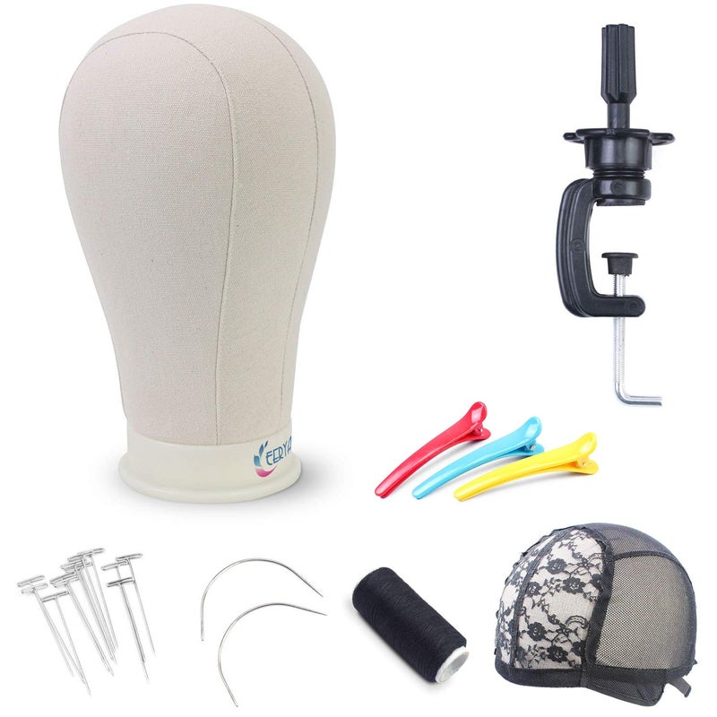 EERYA 22.5 Inch Wig Head Stand Set for Wig Making Display Styling Training Poly Canvas Block Head with Mount Hole Mannequin Manikin Head Stand( 22.5 Inch) - Image 1